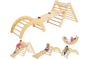 Beright 4 in 1 Pikler Triangle Set Upgraded, Foldable Toddler Climbing Toys Indoor Playground, Montessori Learning Toys, Kids Indoor Gym with with Arch, Ramp, Learning Waldorf Toy, Black&White