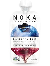 NOKA Superfood Pouches (Blueberry Beet) | 100% Organic Fruit And Veggie Smoothie Squeeze Packs | No Added Sugar, Non GMO, Gluten Free, Vegan, 4g Plant Protein | 4.2oz Each - Pack of 6