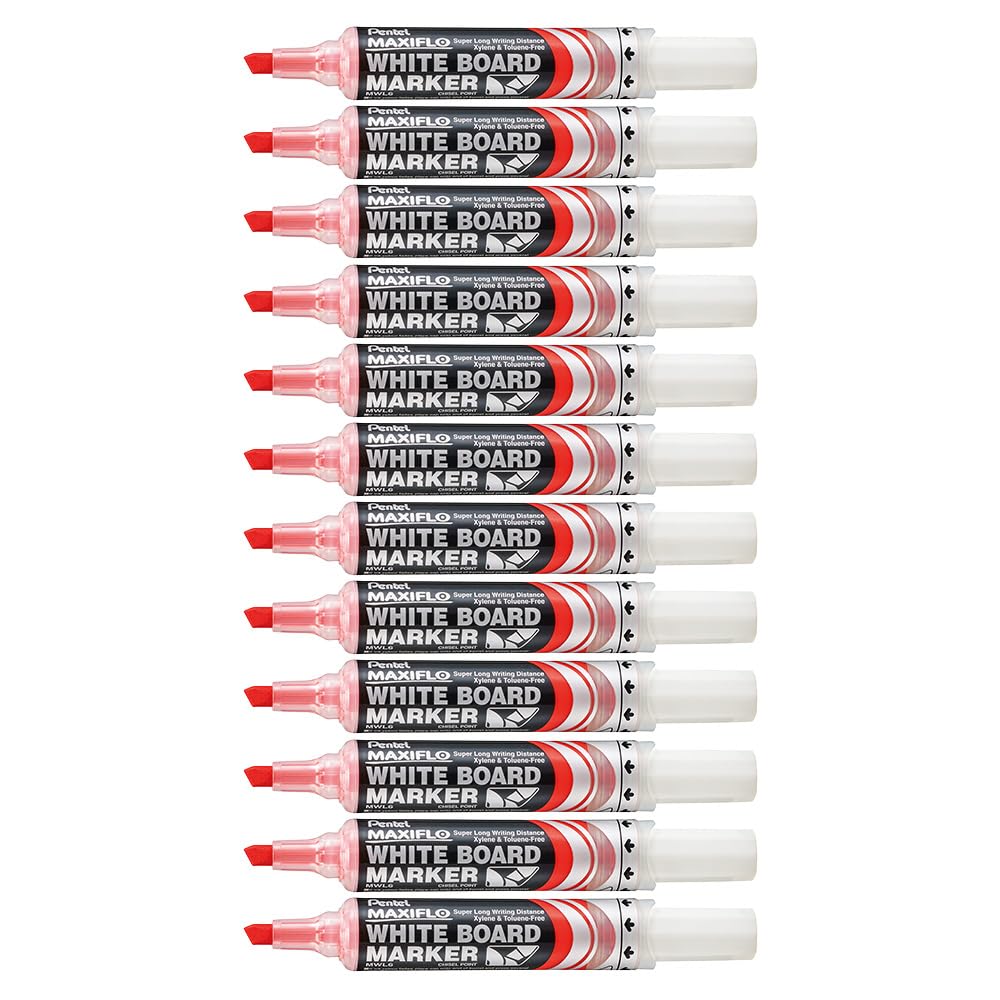 Pentel Maxiflo Dry Wipe Chisel Tip Marker - Red (Pack of 12)