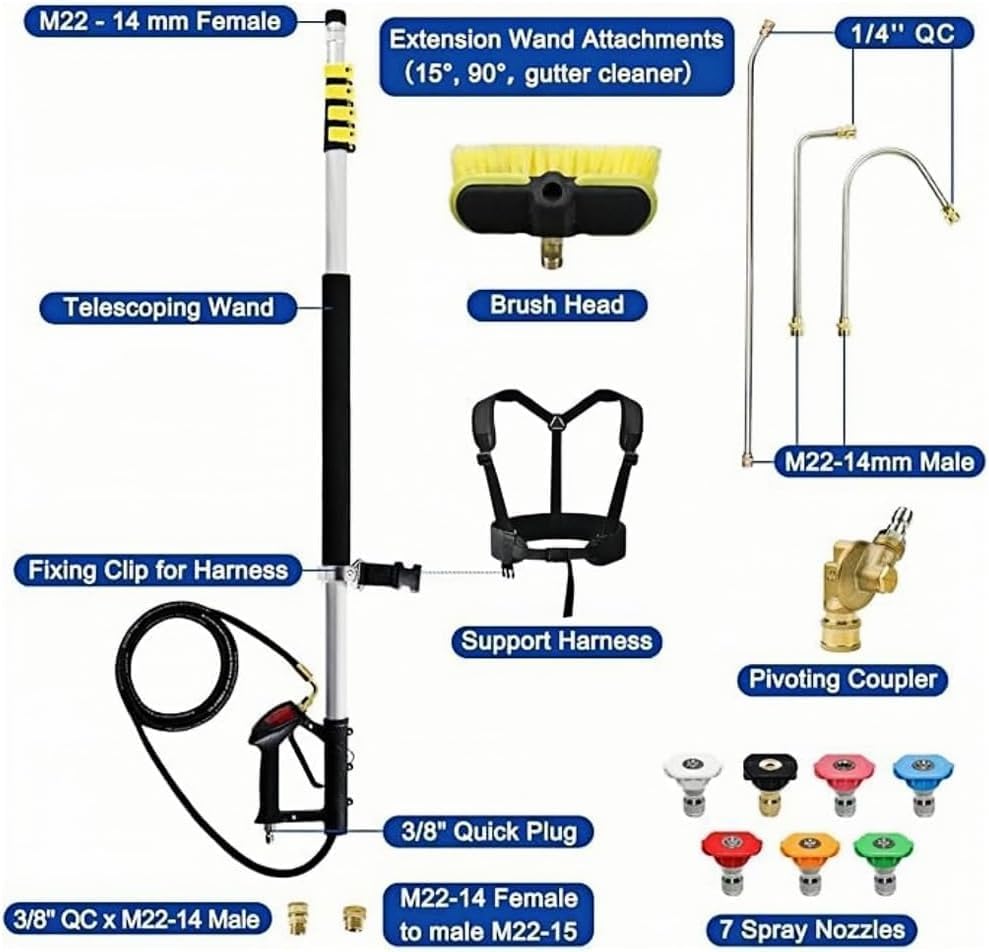 Gresonic 7.3m Telescopic Pole for Pressure Washer - Complete Kit with Brush, 2 Extensions, 7 Nozzles and Accessories