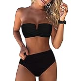 Hilor Bandeau Two Piece Bathing Suits for Women with Strap Retro High Waisted Swimsuits Sexy Push Up Bikini Swimwear