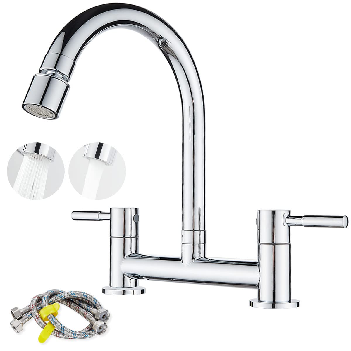 Ankoory Bridge Kitchen Sink Mixer Tap, Kitchen Bridge Mixer for 2 Hole Sink (180mm Centres), Dual Levers Sink Taps with 2 Function Aerator, 1/4 Turn, 360° Swivel Spout, Brass, Chrome