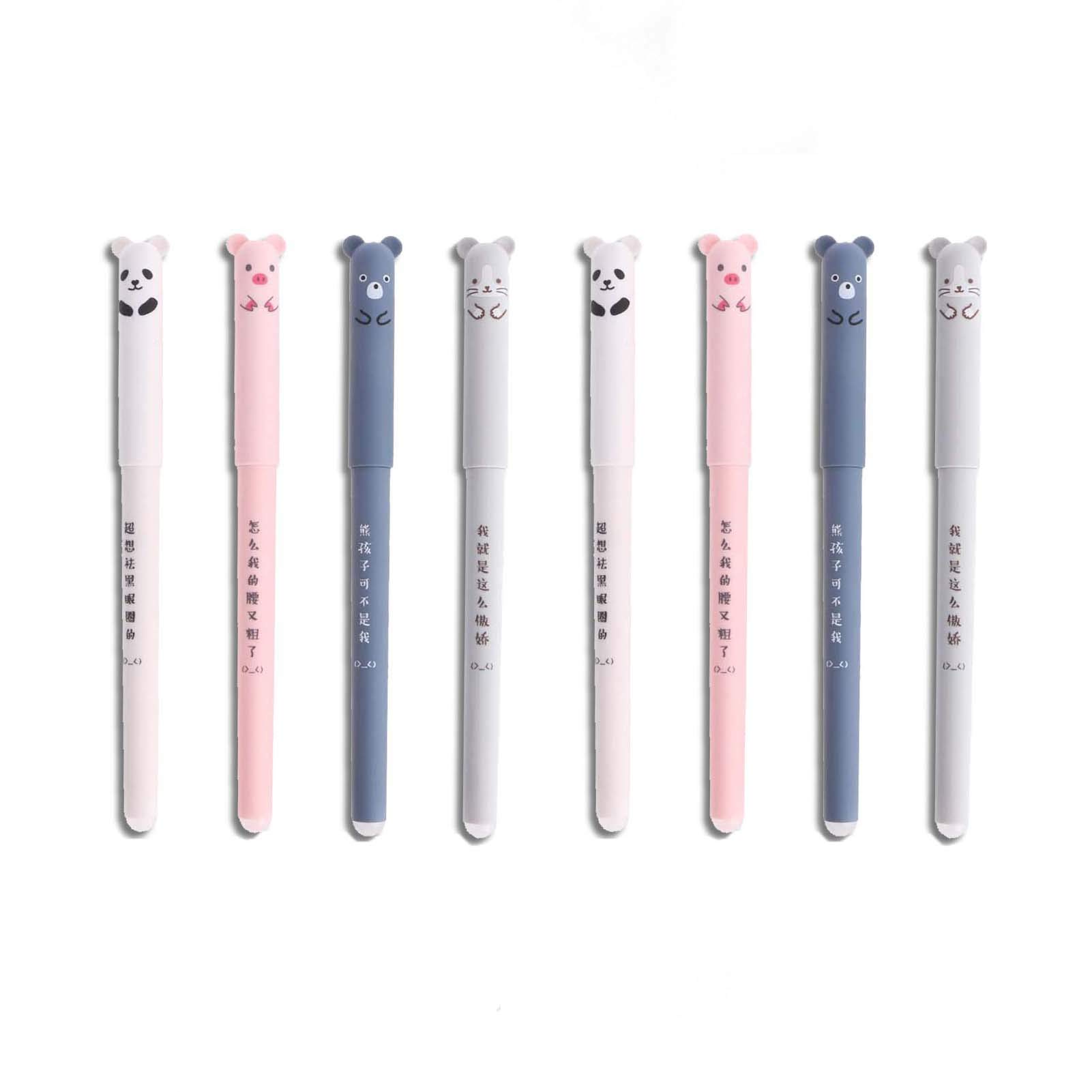 4/8pcs Erasable Rollerball Pens Friction Pens with Cartoon Design Cute Pigs Panda Pattern, Erasable Gel Pen Easy to Rub for Kids Students Adults (8pcs/Black Ink)