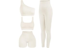 Floraltop 4 Pcs Women's Workout Sets Pilates Exercise Outfit Ribbed Scoop Neck Sports Bra Shorts Leggings Gym Clothes Set