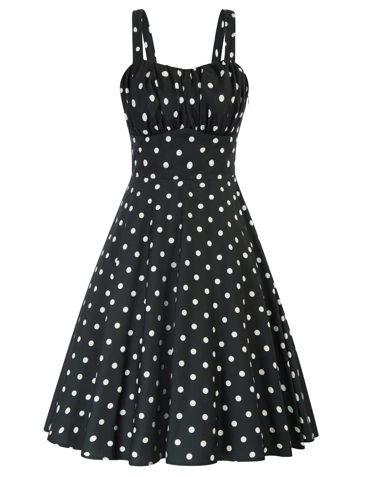 Photo 1 of (small) (used/fair)  Vintage Dress for Women 1950s Summer Spaghetti Strap Ruched A-Line Flowy Swing Black Polka Dot Dresses S