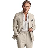 Lanshion Mens Linen Suit 2 Piece Summer Casual Business Slim Fit Blazer Set for Beach Weddings Parties Tuxedo Jacket Pants