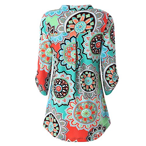 GOVOW Hot Saleï¼Floral Printed V-Neck Long Sleeve Blouses Roll-Up Top Casual Button Layered Blouses(US:4/CN:S,Sky Blue)