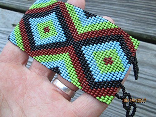 Fair trade wide flat bracelet turquoise brown Diamond geometric hand loom beaded southwest native american design fair trade beadwork seed beads geometric stripe ethnic handmade - Thumbnail 5