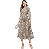 Bolodoo A-Line Mother of The Bride Dress Sequin Tulle Lace Applique Tea Length 3/4 Sleeves Formal Wedding Guest Dress