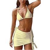 WDIRARA Women's 3 Piece Bow Bikini Set Halter Triangle Swimsuit Bathing Suit with Beach Skirt