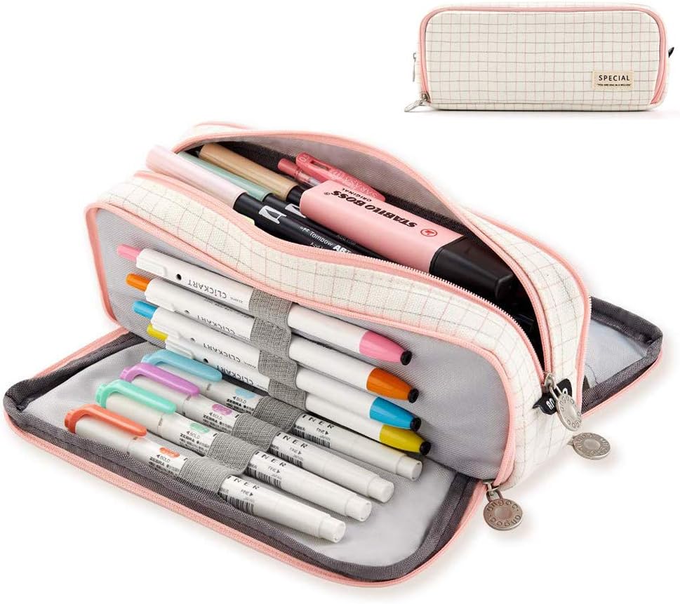 Big Capacity Pencil Pen Case 3 Compartments Large Storage Pouch Canvas Stationery Bag Holder for Middle High School Office College Student Girl Women Adult Teen (Plaid White)