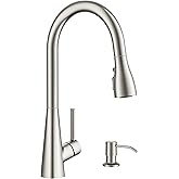 FORIOUS Kitchen Faucet with Soap Dispenser, Pull Down Sprayer, Brushed Nickel Modern High Arc Stainless Steel Faucet for Kitchen Sink, Single Handle for 1 or 3 Hole Decks RV Bar Farmhouse Laundry