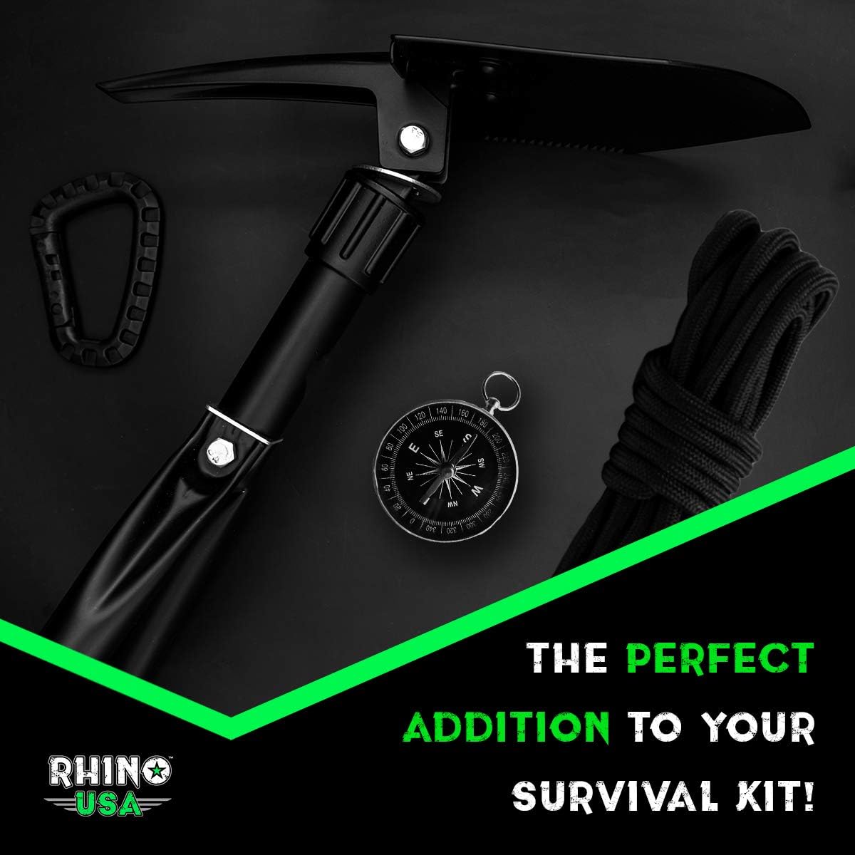 Rhino USA Folding Survival Shovel w/Pick - Heavy Duty Carbon Steel Military Style Entrenching Tool for Off Road, Camping, Gardening, Beach, Digging Dirt, Sand, Mud & Snow - Guaranteed for Life! : Sports & Outdoors