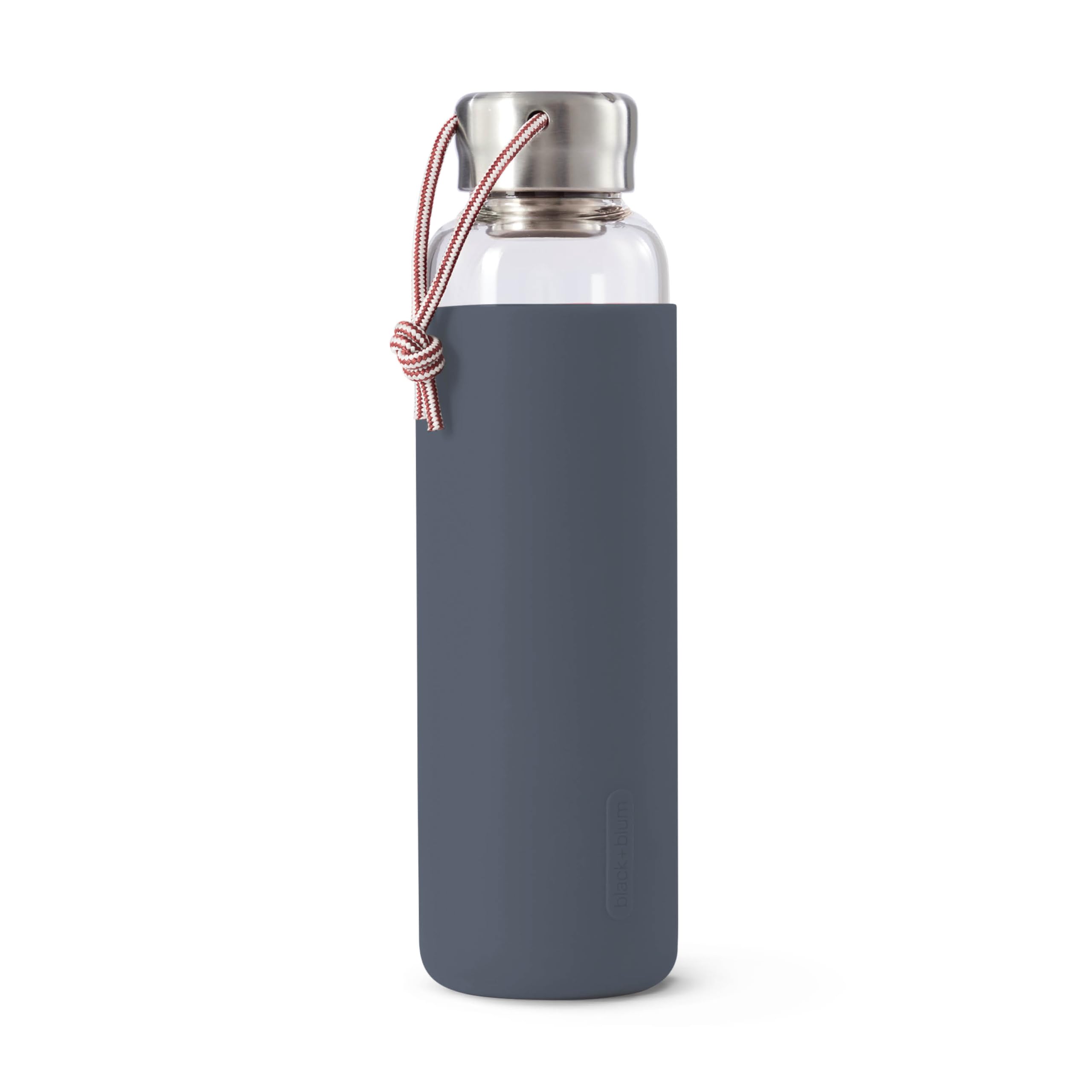 BLACK+BLUM - Glass Water Bottle - Leak Proof, Lightweight Borosilicate Glass Bottle with Screw-Fit Lid, Carry Loop and Protective Sleeve - Freezer Safe, Slate - 600ml