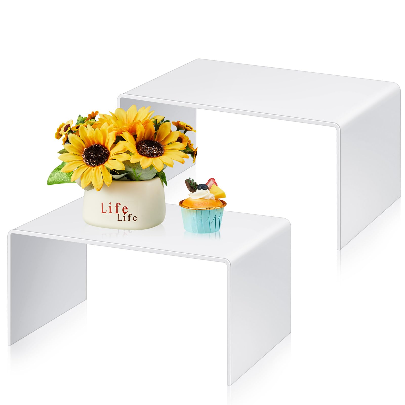 Photo 1 of RattanView 2 Pcs 12 Inch Large Acrylic Risers Display Stands 5 mm Thick Acrylic Shelf Riser Showcase for Collectibles Jewelry Cupcakes Food Figures Perfume Cabinet (White)