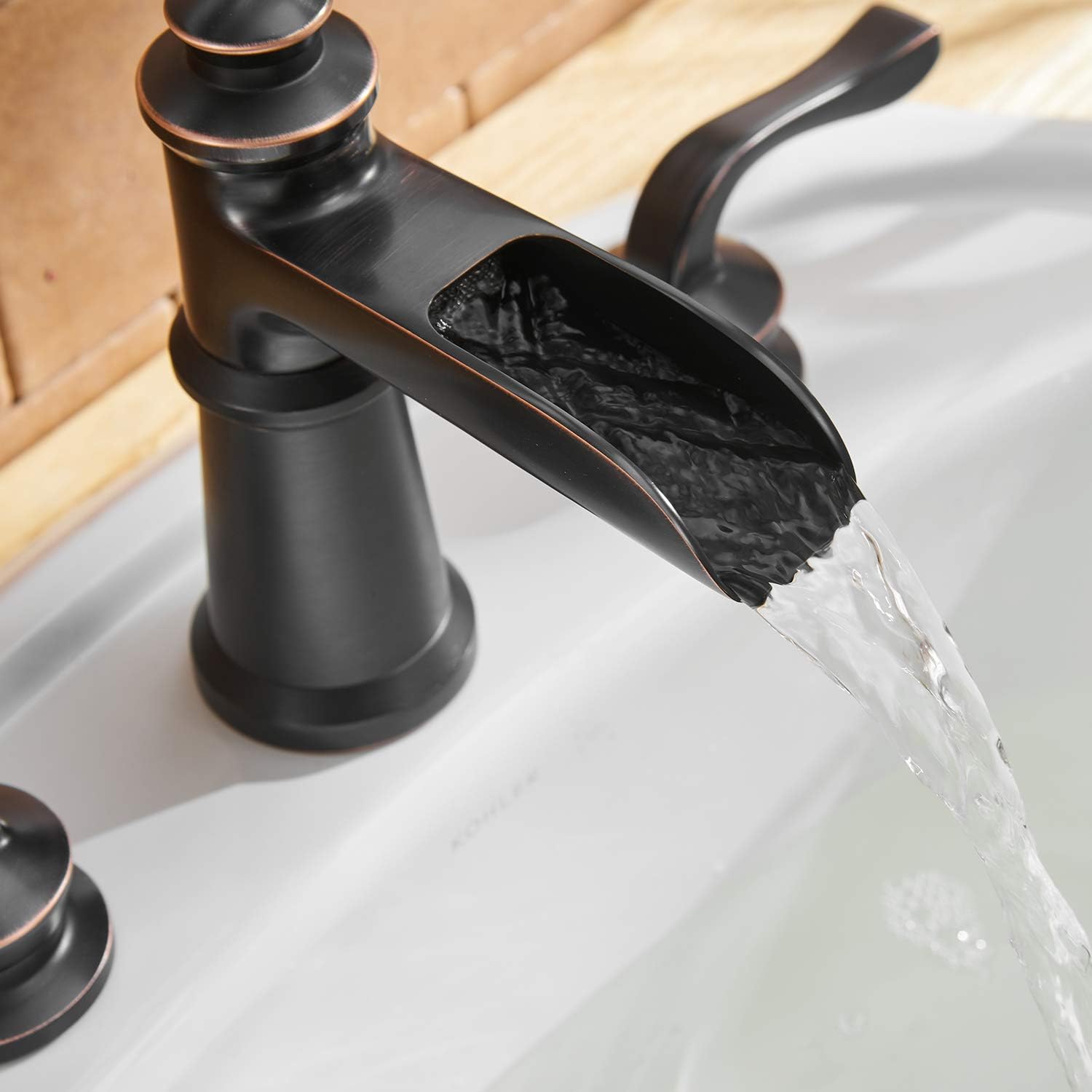 BWE Waterfall 8-16 Inch 3 Holes Two Handle Widespread Commercial Bathroom Sink Faucet Lavatory Oil Rubbed Bronze - - 