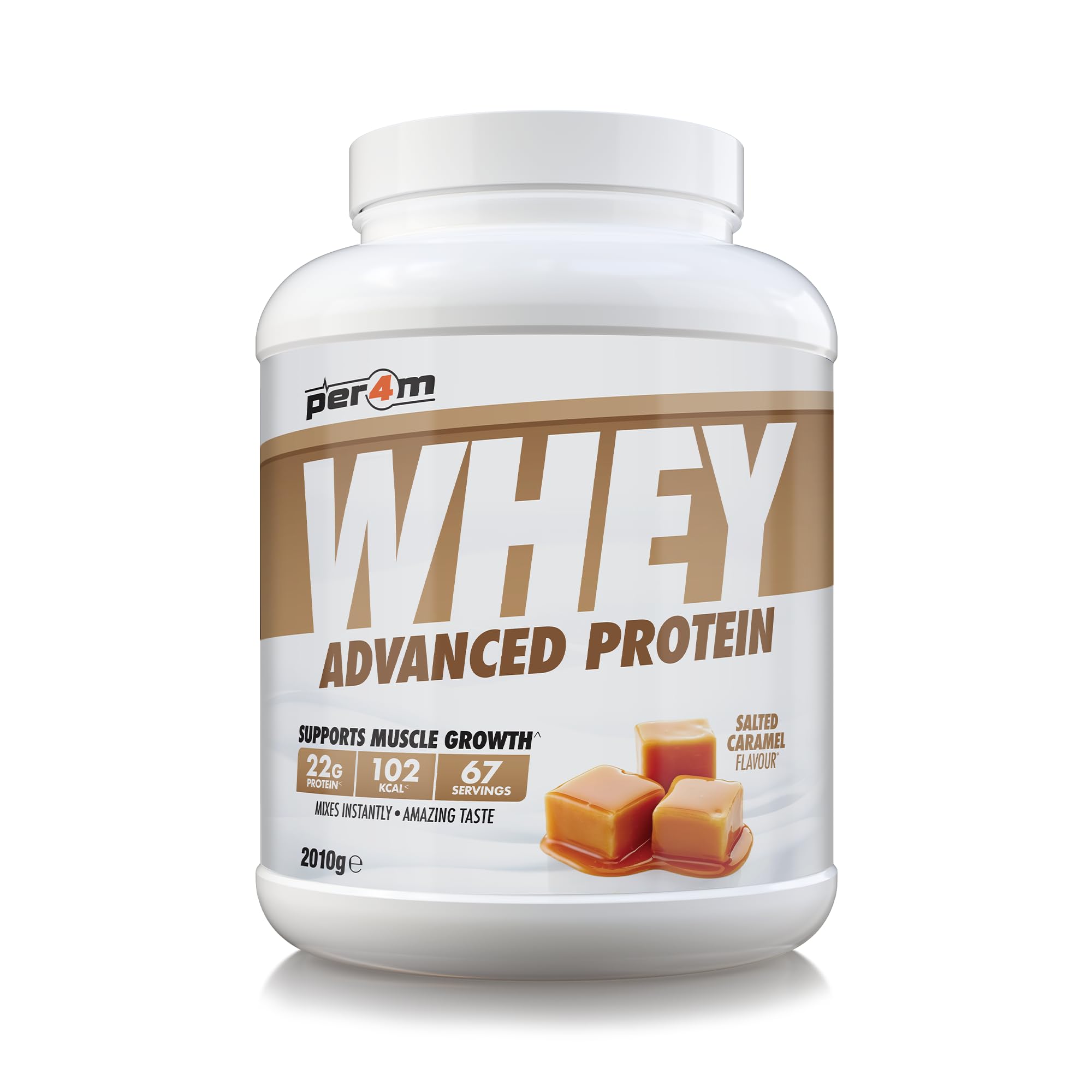 Per4m Whey Protein Powder | High Protein Shake for Muscle Growth & Recovery | Low Sugar Gym Supplement | Sports Nutrition Drink + Amino Acids (2010g, Salted Caramel)