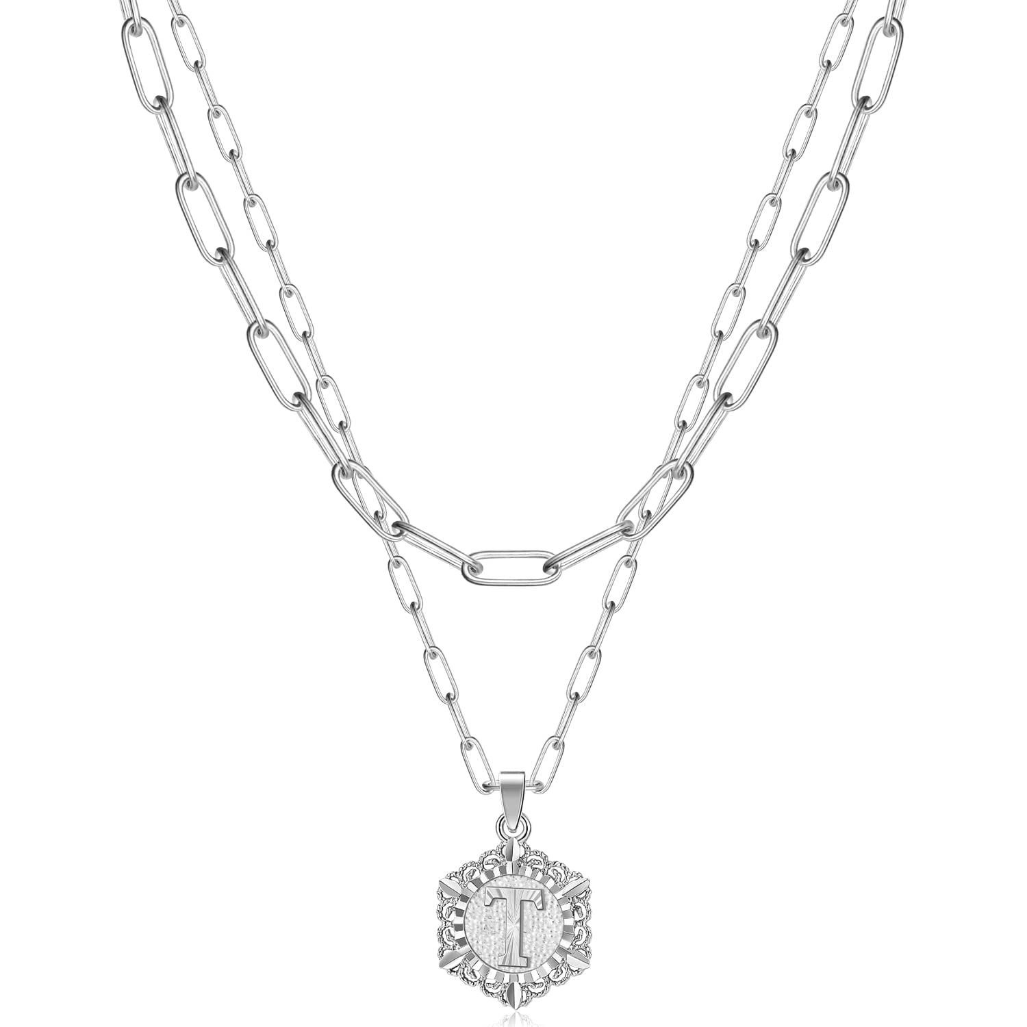 KissYan Initial Necklaces for Women, 14K Gold Plated Hexagon Letter Pendant Silver Chain Dainty Layered White Gold Paperclip Link Adjustable Capital A-Z Choker Necklace Trendy Jewelry Gifts
