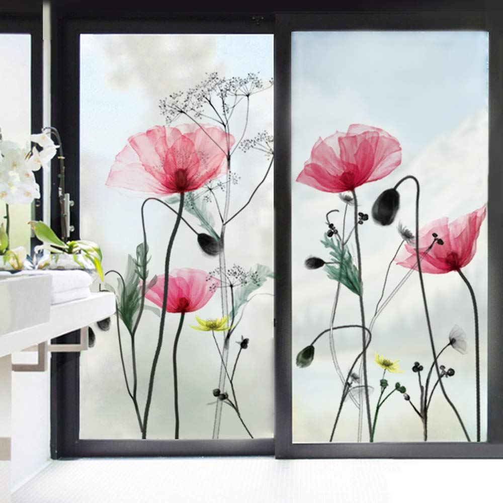 decalmile Poppies Flower Wall Decals Plants Wall Stickers Living Room Bedroom TV Wall Windows Art Decor