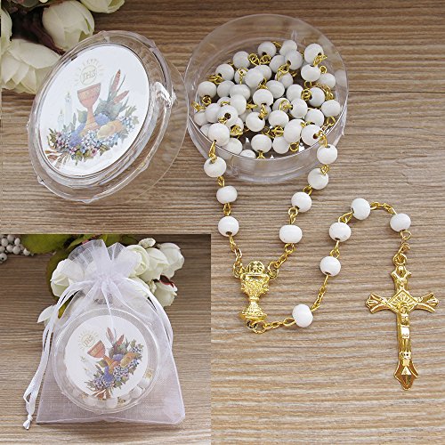First Holy Communion Scented Rosary Favor - 12 Rosaries with individual Gift box and Organza Bag. (6mm, White/Gold)