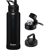 OLDLEY 40 oz Insulated Water Bottle With Straw, Stainless Steel Sports Water Cup Flask with 3 Lids(Straw, Spout and Handle Lid) Double Walled Travel Thermal Canteen Mug,Black