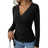 Dokotoo Womens Deep V Neck Long Sleeve Shirts Ruched Wrap Top | Slim Fit Cinched Waist Tops, Dressy Casual Blouses for Office Work, Party Date Night Going Out Outfits , Fall Fashion 2026
