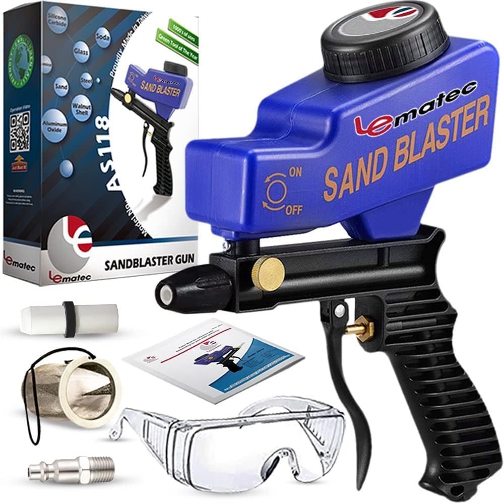 Photo 1 of LE LEMATEC Sand Blaster Gun Kit for Air Compressor, Portable Abrasive Media Blaster for Cleaning, Paint & Rust Removal, Works with Aluminum, Sand, Walnut, & Soda, Ideal for Metal & Wood, AS118 Blue