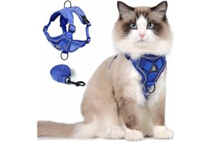 SKMEDITEC Cat Harness and Leash Set, Upgraded Escape Proof Adjustable Kitten Vest with Lead for Small Cat Outdoor Walking, Soft Breathable Mesh Jacket with Reflective Strips for Dark Night (S, Klein Blue)