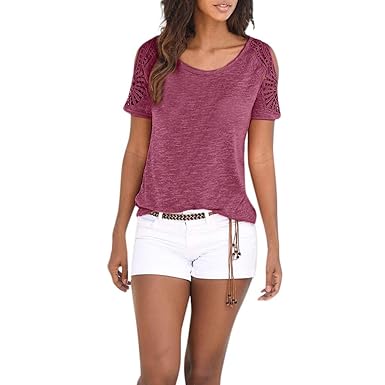 ReooLy Damen böhmische Kurzarm O Hals Spitze Patchwork Tops T-Shirt Top Bluse