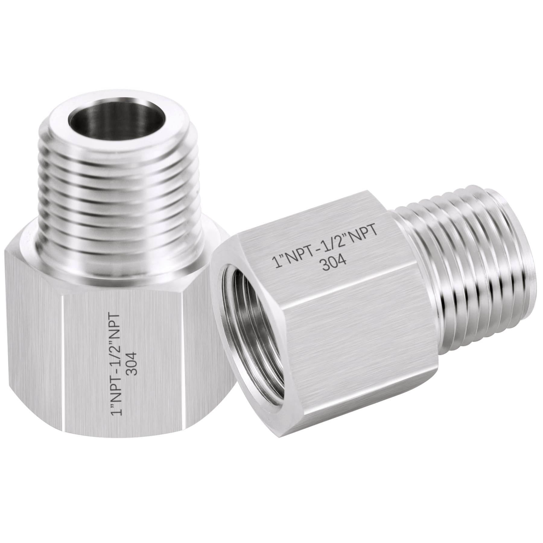 Photo 1 of Happyreise 304 Stainless Steel Forged Hex Reducer, 1" NPT Female x 1/2" NPT Male, Stainless Steel Pipe Fitting 2 Pack