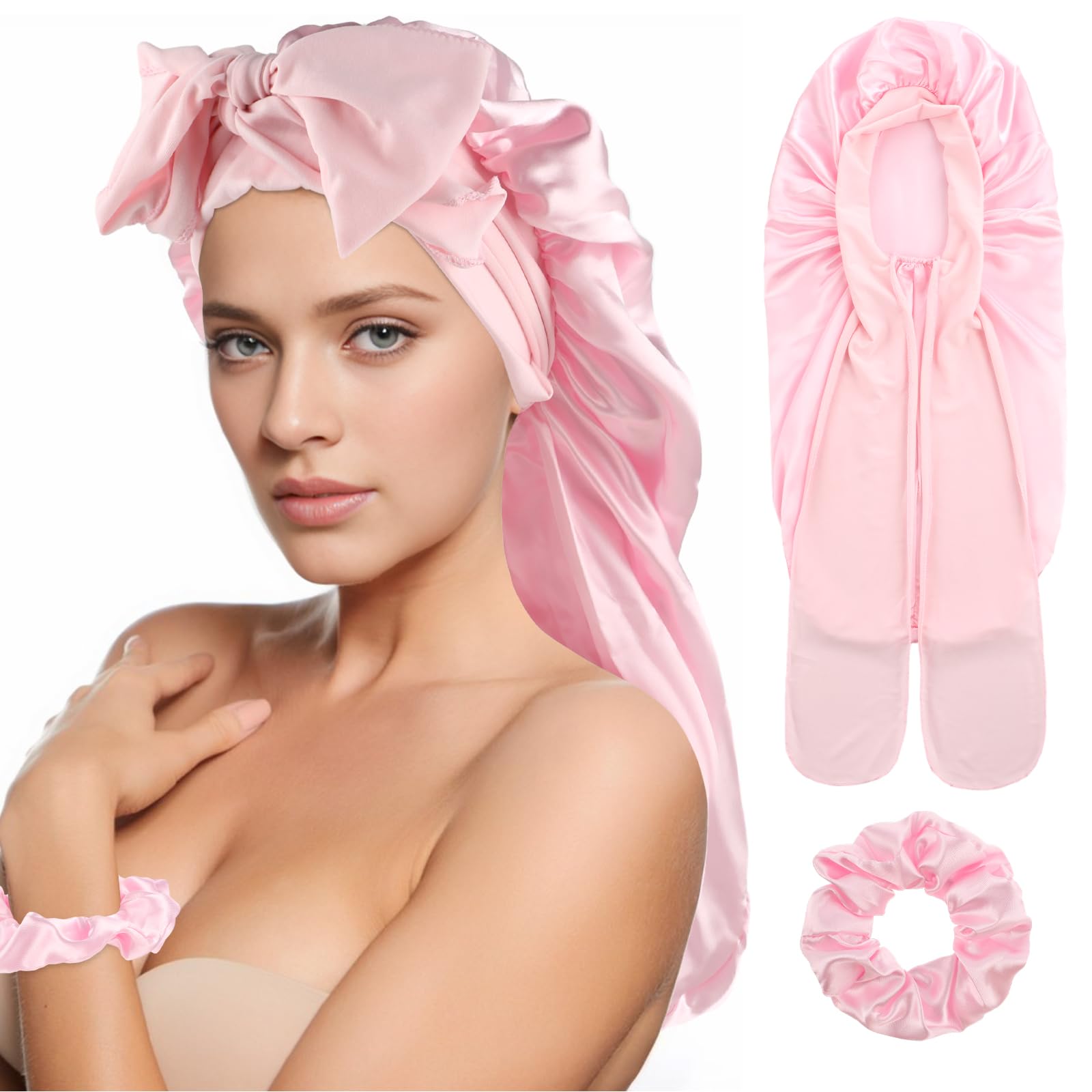 Abeillo Long Satin Bonnet for Women, Large Silk Sleep Cap With Tie Band and Scrunchies for Long Curly Hair, Braids (Pink)