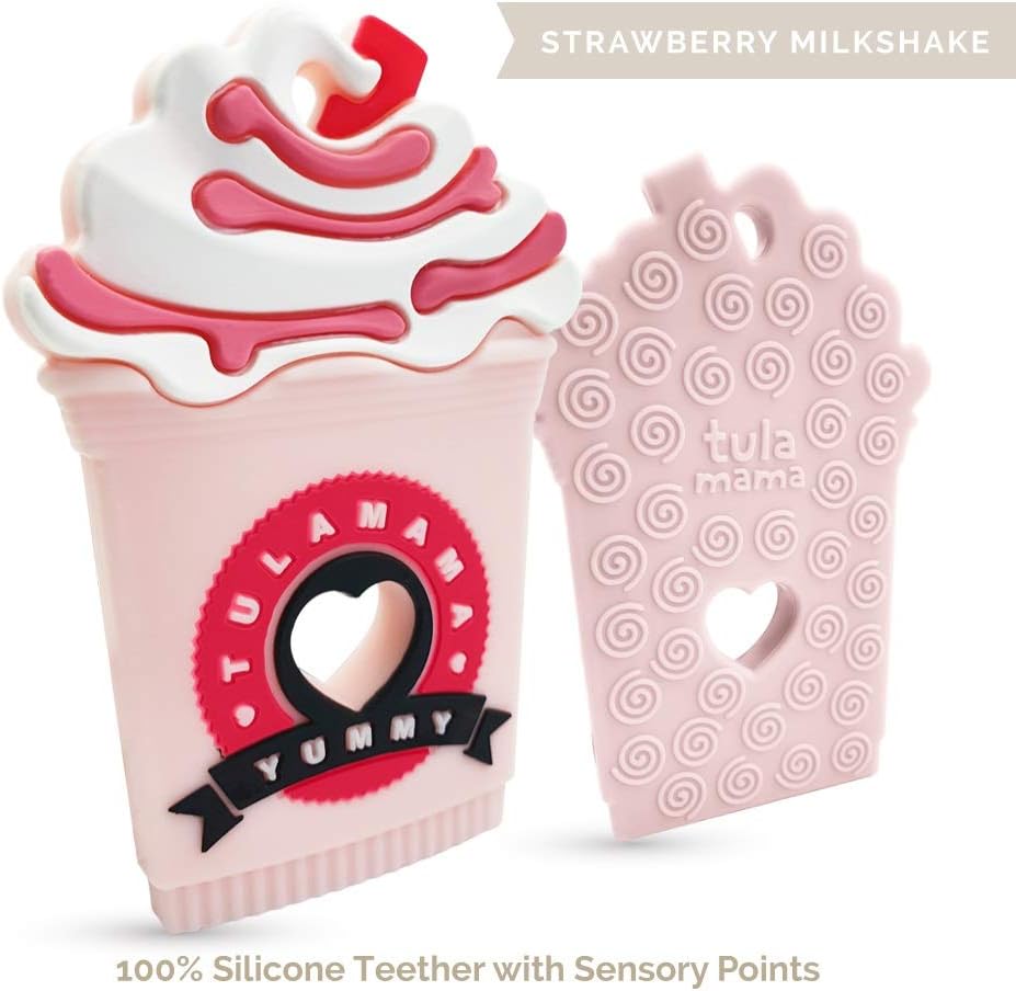 Teething Toys/ Teethers By Tulamama. Bendable & Freezer friendly. Highly Recommended by Moms. 100% Silicone (similar to nipples & pacifiers), BPA & Phthalates Free, FDA Compliant. Strawberry Milkshake