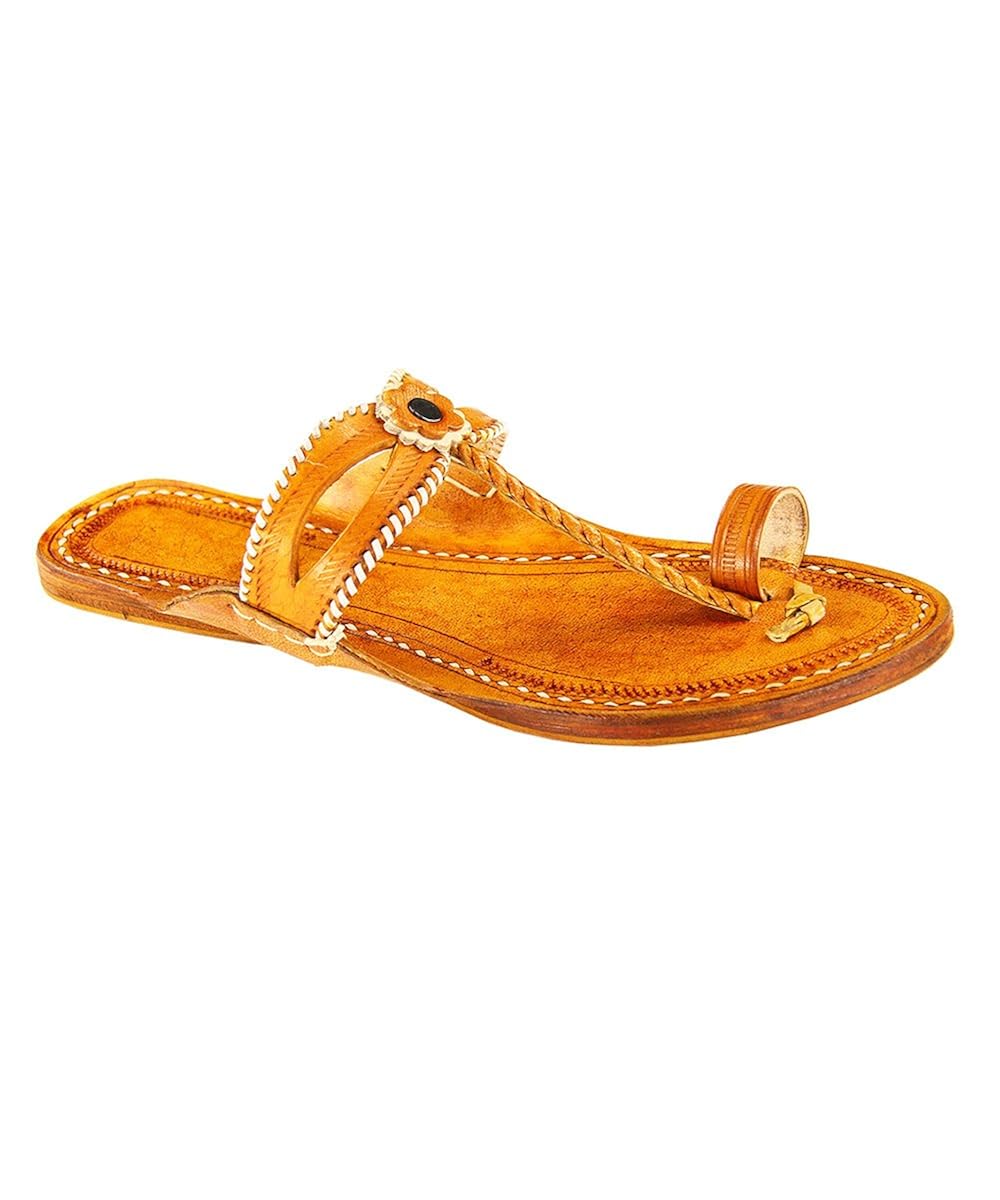 ekolhapuri double eye, dark yellow handmade leather sandal for women