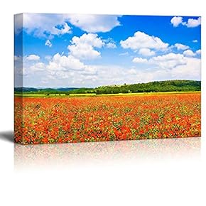 Beautiful Scenery Landscape Field of Red Poppy Flowers with Blue Sky and The Medieval Village of Monteriggioni Tuscany Italy - Canvas Art Wall Art - 12" x 18"