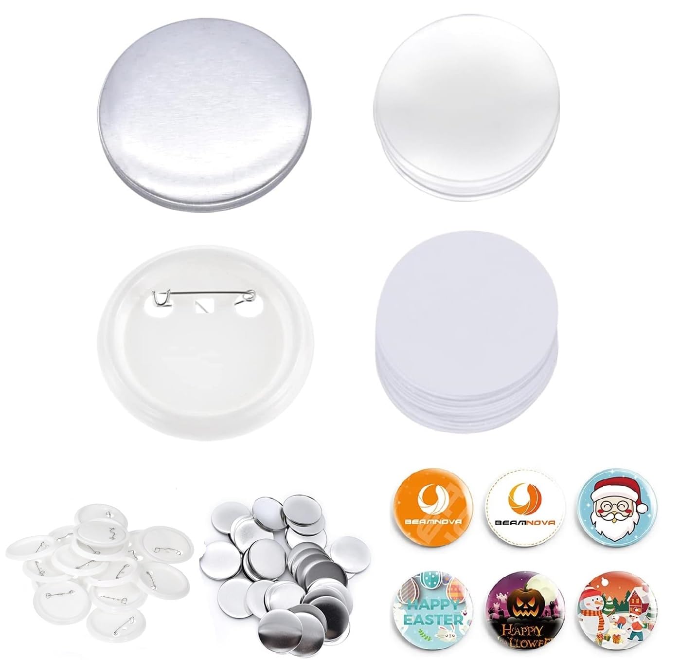 Set of 100 Button Blanks, DIY Button Pins, Buttons Make Yourself, Button Set with Pin for Clothes, Bags, Backpacks Decorations (75 mm / 2.95 inches)