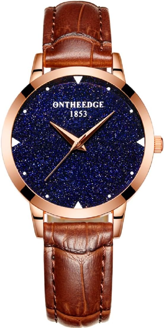 Yelovemei Women Quartz Watch Waterproof Starlight Dial Leather Band Wristwatch for Lady (Brown)
