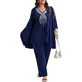 Womens Plus Size Mother of Bride Pant Suits 3 Piece Elegant Soft Knit Embroidered Sequin for Wedding Guest Cocktail Party