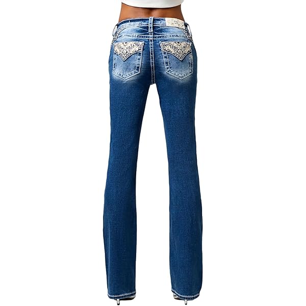 Miss Me Women's Abstract Stitch Mid-Rise Bootcut Jeans (Dark Blue
