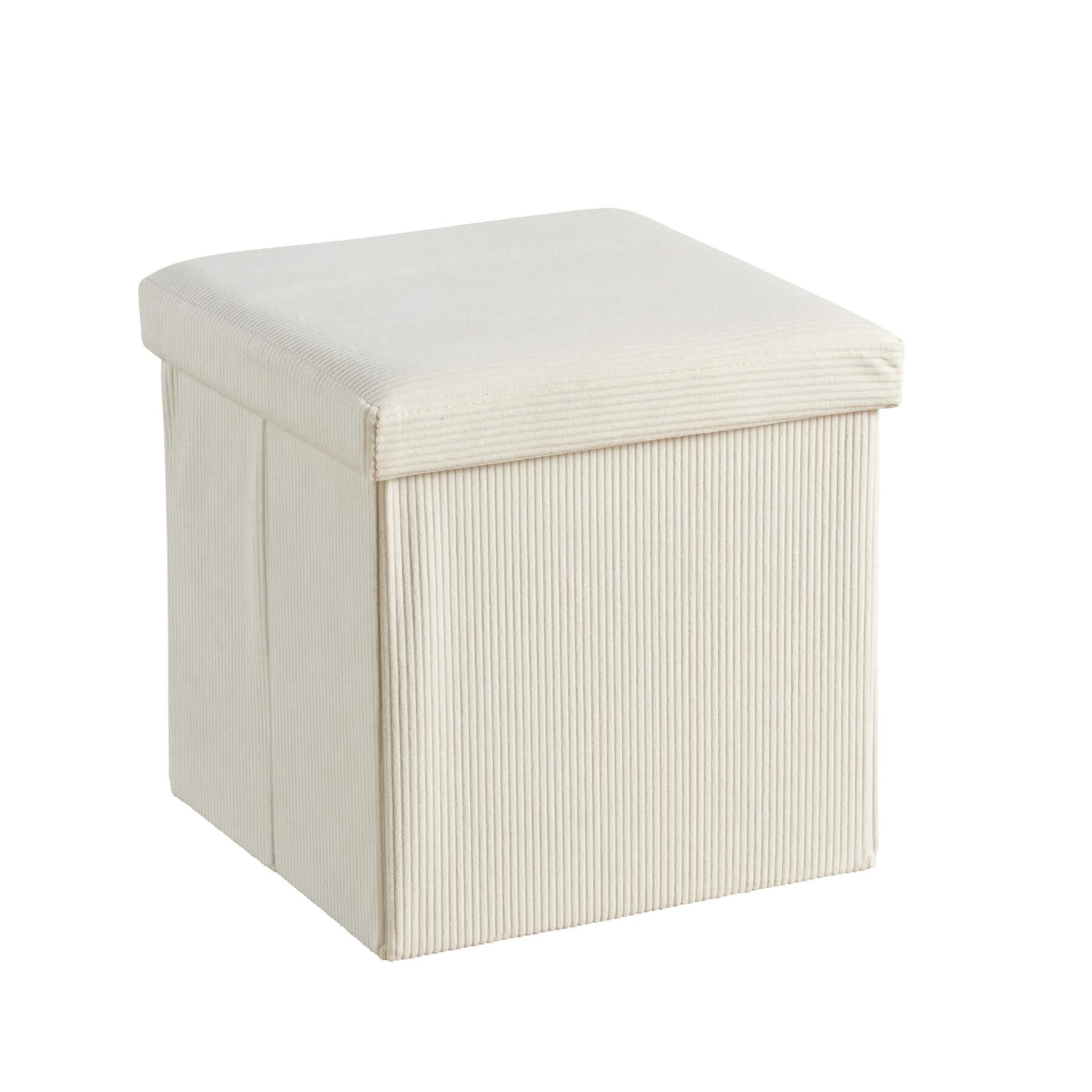 Home Source Folding Ottoman, Corduroy Fabric Storage Square Box, Cream