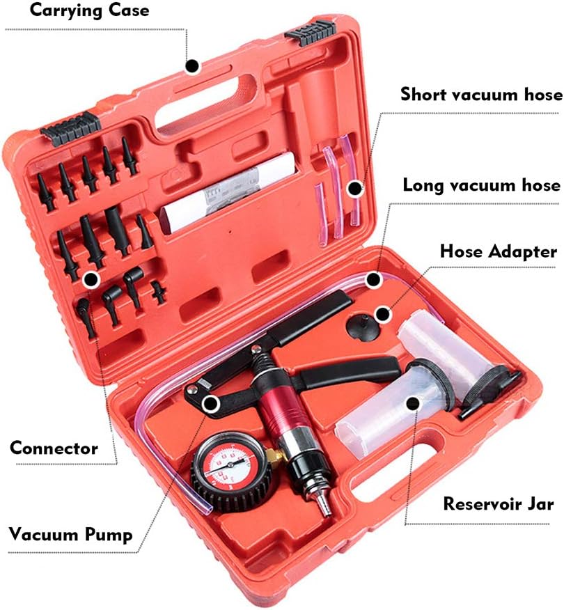 Carrfan Professional Car Auto Hand Held Vacuum Pressure Pump Brake Bleeder Adaptor Fluid Reservoir Tester Vacuum Bleeding Test Kits Kits 2 in 1 Tool Kit Vacuum Tester