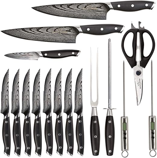 Amazon Com Trusted Butcher Kitchen Knife Set Premium Stainless Steel Full Tang Design Includes Digital Thermometer Copycat Recipes Cookbook 16 Pc Kitchen Dining