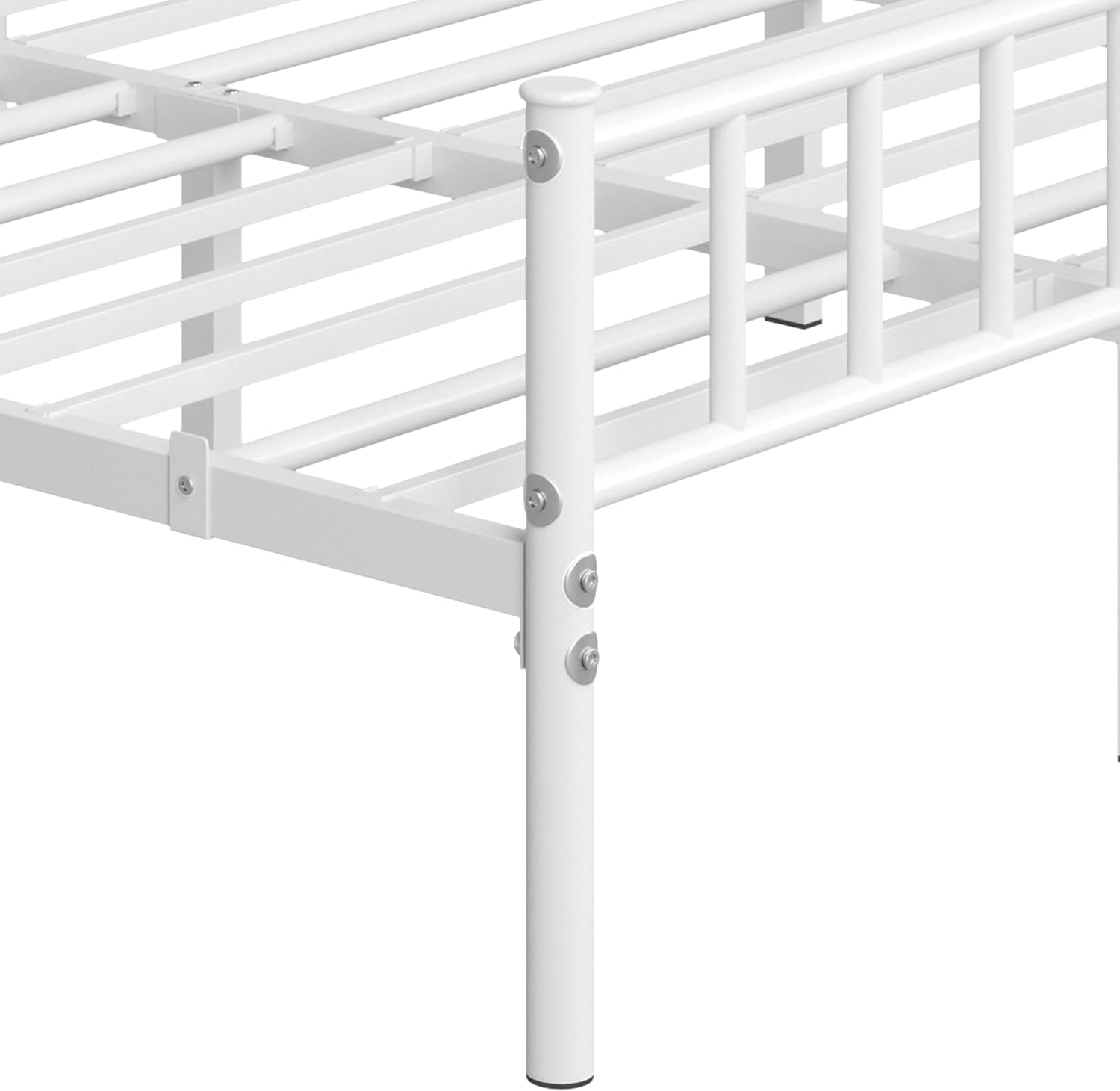 Close-up of a white metal bed frame leg attached with bolts, showing the secure connection points.