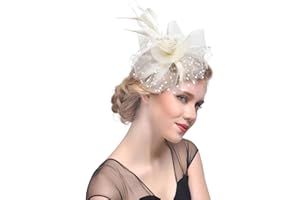 UMTURMOK Women's Tea Party Fascinators Mesh Flower-Shaped Pearl Feather Veil Kentucky Derby Fascinator Hats with Headband and Clip