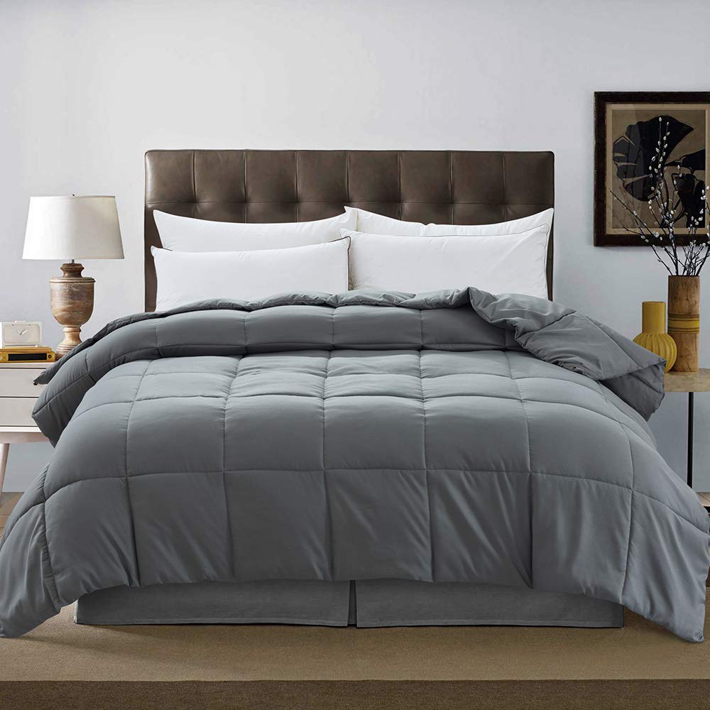 DOWNCOOL Down Alternative Quilted Comforter- Dark Grey Lightweight Duvet Insert or Stand-Alone Comforter with Corner Tabs, Full/Queen 88x88Inches