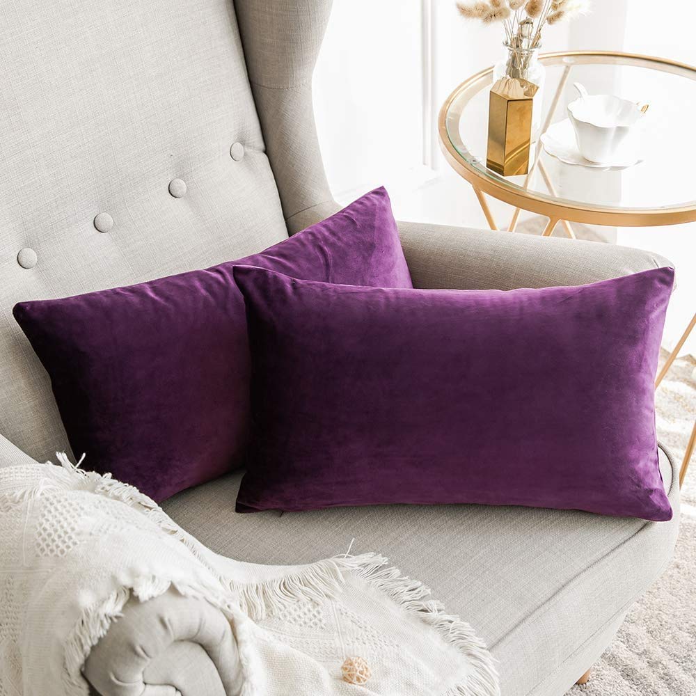 MIULEE Velvet Soft Soild Microfiber Decorative Square Pillow Case Throw Cushion Cover for Sofa Bedroom with Invisible Zipper Aubergine 12"x20",2 Pieces — image 1