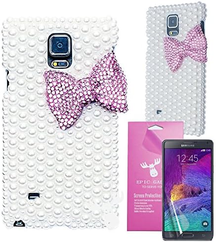 Samsung Galaxy Note 4 Case EpicGadget(TM) 3D Handmade Cute Pink Diamon Bow Design Bling Pearl Hard Case Cover for Samsung Galaxy Note 4 SM-N910S SM-N910C with HD Clear Screen Protector (US Seller!!) (Pink Big Bow Pearl Case)
