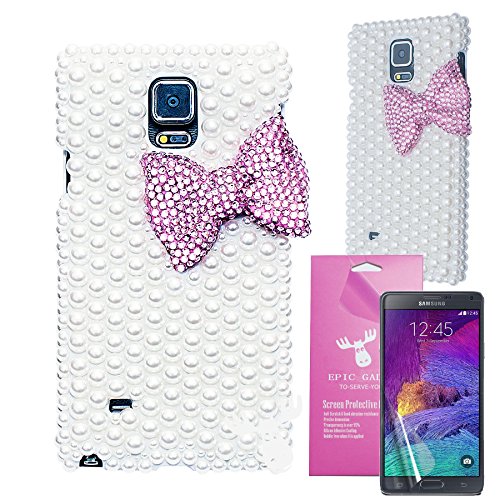Samsung Galaxy Note 4 Case EpicGadget(TM) 3D Handmade Cute Pink Diamon Bow Design Bling Pearl Hard Case Cover for Samsung Galaxy Note 4 SM-N910S SM-N910C with HD Clear Screen Protector (US Seller!!) (Pink Big Bow Pearl Case)