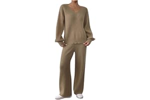 Womens Fuzzy Fleece Long Sleeve 2 Piece Outfits Loungewear V Neck Cable Knit Sweater Fall Wide Leg Pants Pajama Sets