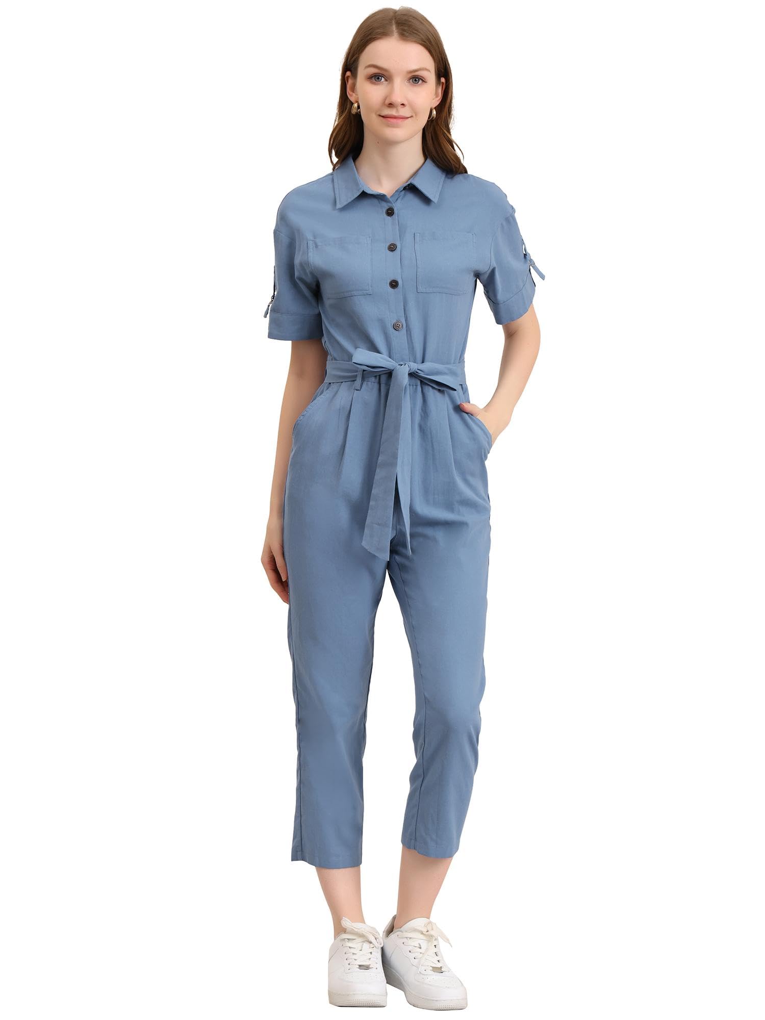 Photo 1 of Allegra K Women's Short Sleeve Collared Cropped Coverall Button Down Tie Waist Cotton Cargo Jumpsuit X-Small Blue