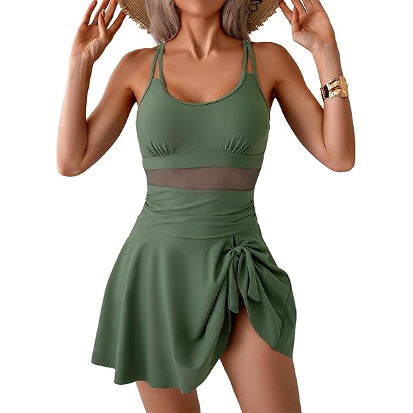 Women's Swimdress Women's One Piece Swimsuit With Mesh Skirt | Tummy Control Bathing Suit With Push-Up Support V-neck Swimsuit With Skirt